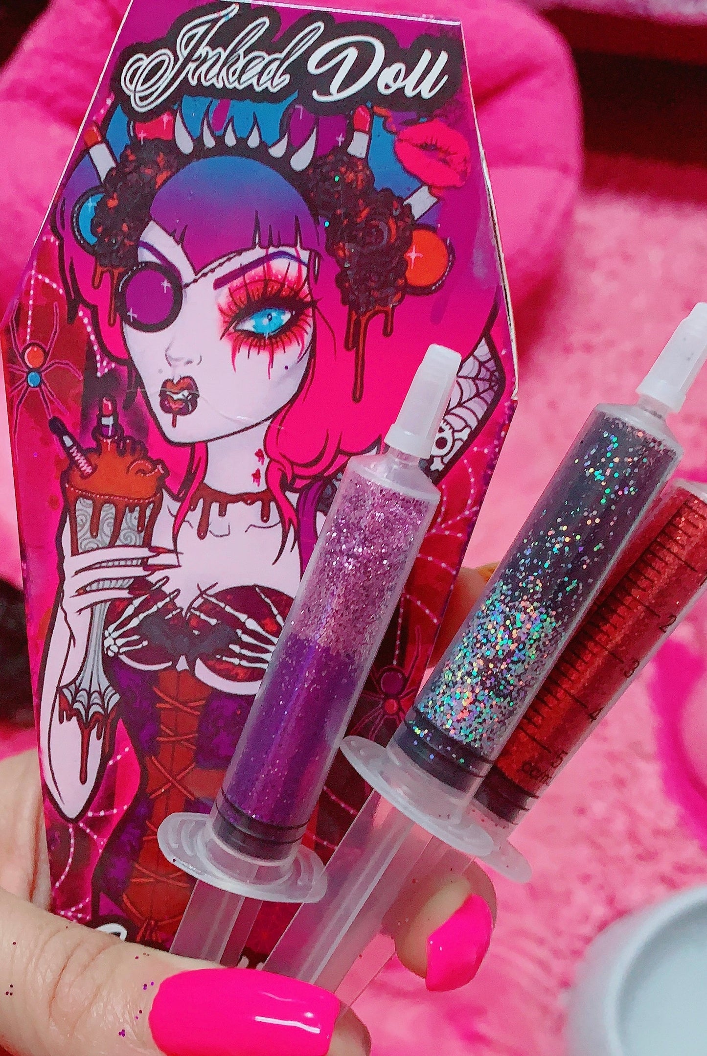 Inked Doll Cosmetics - *GLITTER SYRINGES* + FATAL VOWS LASH* DUO "Coffin Collections" GlamDoll Glitter