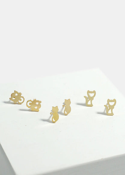 3-Pair Cats Stud Earrings Set